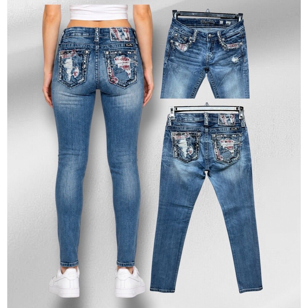 Miss Me Signature Skinny Women’s 27 Low Rise Plaid Patch Distressed Faded Jeans